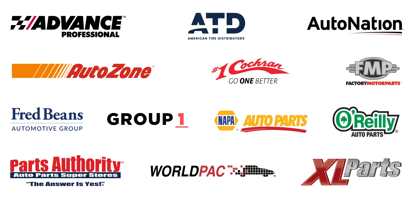 Supplier and dealer logos: Advance Professional, American Tire Distributors, AutoNation, AutoZone, Cochran, Factory Motor Parts, Fred Beans Automotive Group, Group 1, NAPA Auto Parts, O'Reilly Auto Parts, Parts Authority, WORLDPAC and XL Parts